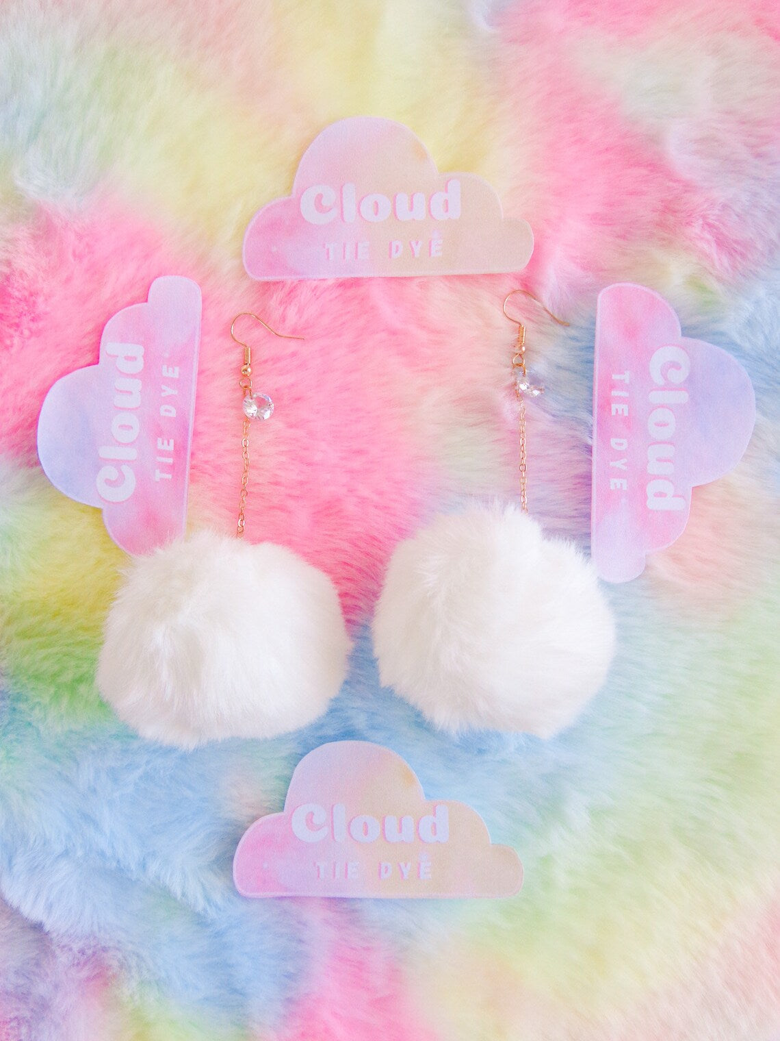 POM POM EARRINGS | White Fluffy Pop Poms With Crystal Bead Décor | Ear Hook Fastening | Y2K Aesthetic Jewellery | Y2K Earrings | Y2K Gifts